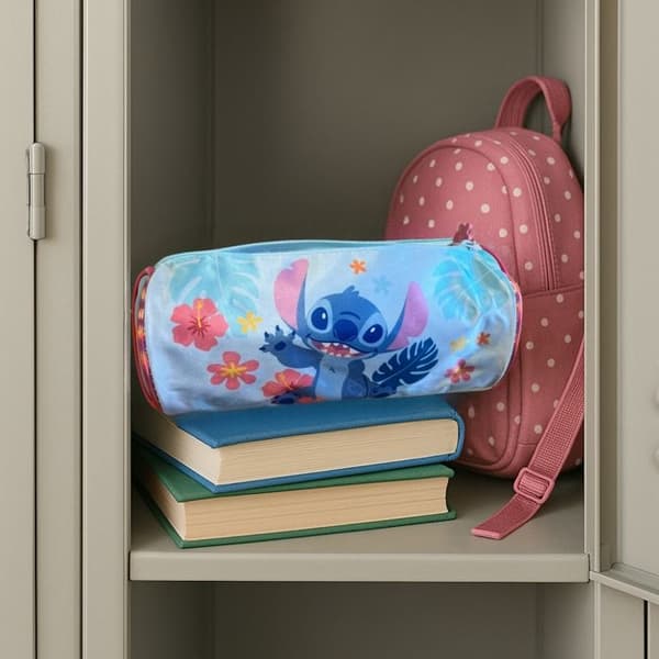 Børnetaske - Disney Stitch - Cylindrisk - Stor Kapacitet - Holdbart Polyester Blå