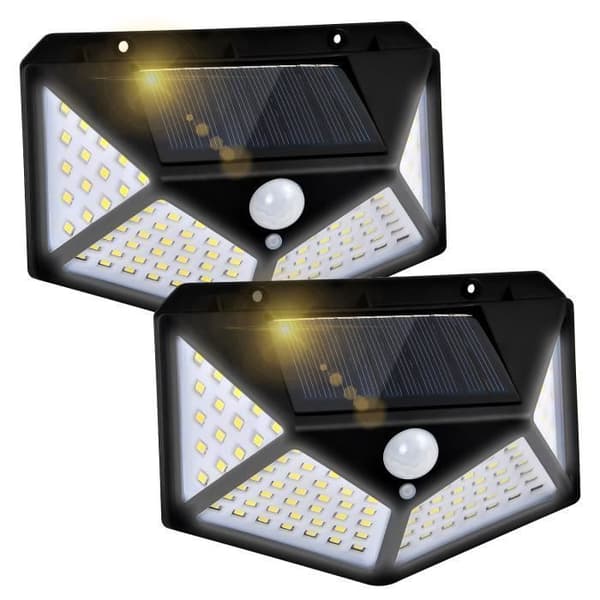 Udendørs Solar Lampe 100 LED, 2 Pack Udendørs Solar Belysning Bevægelsessensor Belysning 270° Væglampe Svart