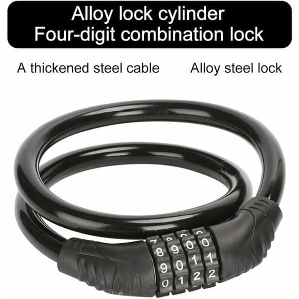 Cykellås - SMYKKESKATTEKASSE - 15mm x 600mm - 4-cifret kode - Stål - Sort