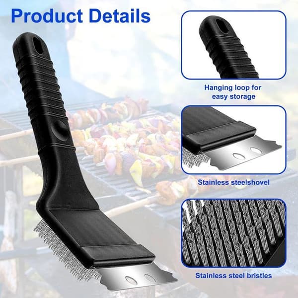 Grillbørste - Rustfrit stål - 3 dele - Hård skraber - Rustfri - Ergonomisk