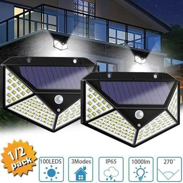 Solcellelampe Udendørs - 100 LED - Bevægelsessensor - Pakke med 2