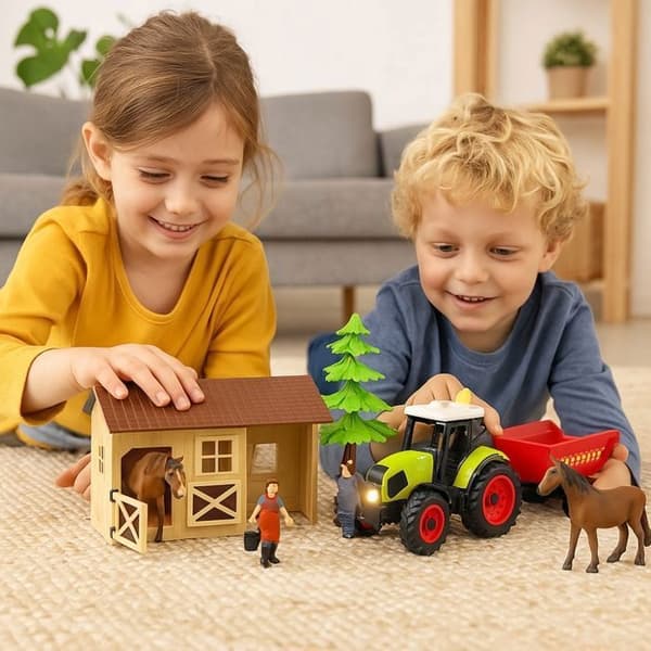 Legetøj - Mit Lille Stald - 7 Dele - Lyd- og Lys Traktor - Til Børn Fra 3 År kastanjer