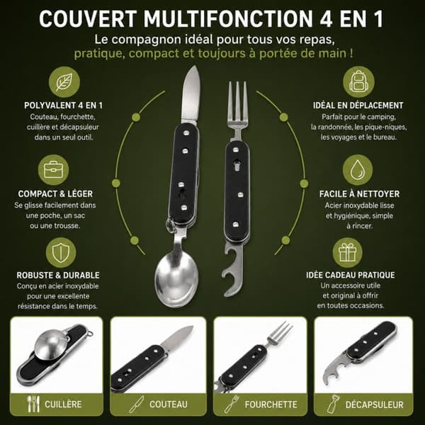 Folding multifunktionel kniv - BBQ PARTY - 4 i 1 9 cm - Rustfrit stål - Kompakt - Sort svart