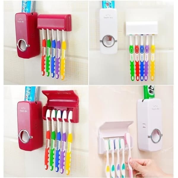 Tandpastadispenser - TOOTHPASTEDISPENSER-R - Rød - 5 tandbørsteholdere - Vægmontering - PP vit röd