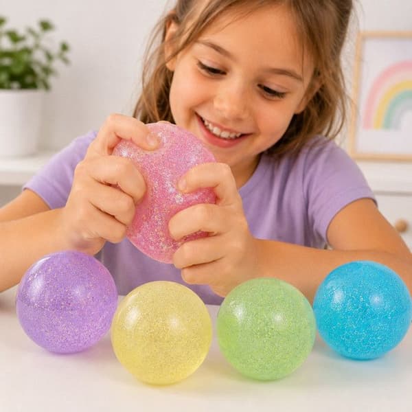 Sæt med 4 Squishy Bolde 7 cm Pailletterede og Farverige – Anti-Stress Bolde til at Klemme, Afslappende Sensoriske Legetøj, Tilfældige Farver