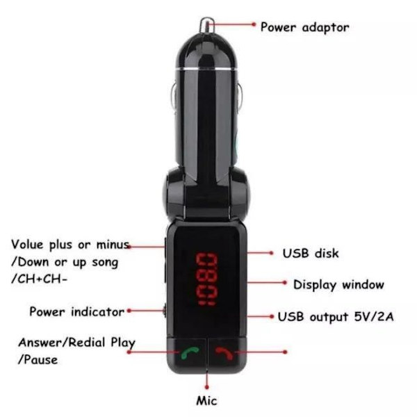 FM-transmitter - Bluetooth 2.1+EDR - MP3/USB/SD - Rækkevidde 10 m - USB-strømforsyning