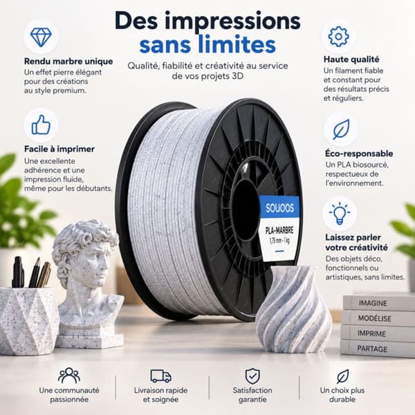 Filament PLA - OQONOS - Marmor 1,75 mm 1 kg - 1,75 mm - Grå marmor - 190-230°C