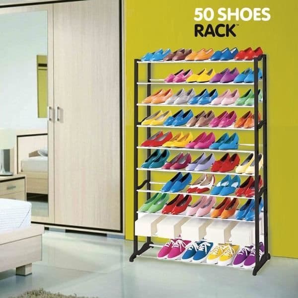 Skoopbevaring - 50 Sko Rack - 50 par - 91×25×140 cm - Plaststruktur og stålstænger