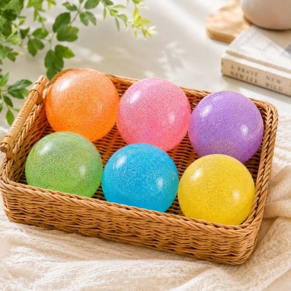 Sæt med 4 Squishy Bolde 7 cm Pailletterede og Farverige – Anti-Stress Bolde til at Klemme, Afslappende Sensoriske Legetøj, Tilfældige Farver