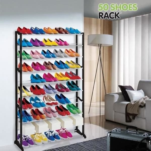 Skoopbevaring - 50 Sko Rack - 50 par - 91×25×140 cm - Plaststruktur og stålstænger