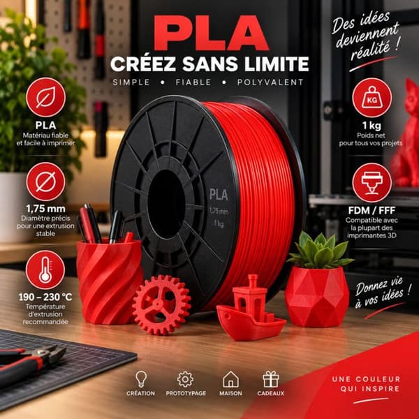 Filament PLA - OQONOS - 1 kg 1,75 mm - Rød - 3D-printer FDM/FFF - 190–230 °C