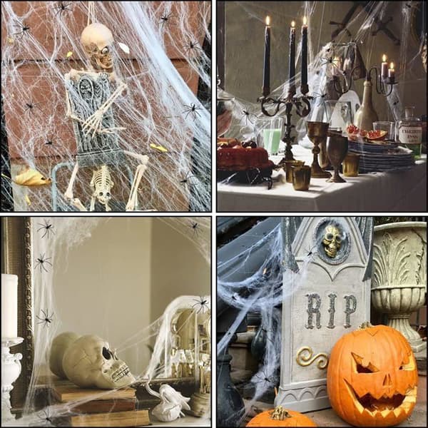 Spindelväv Halloween - 700 kvadratfot - Återanvändbar - 20 Spindlar - Polyester/Bomull Vit