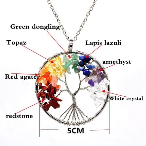 Collier - Livets træ - 7 chakraer - Naturlig sten - Lang kæde Regnbåge