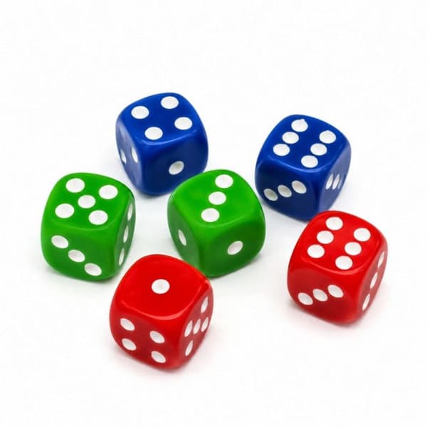 Sæt med 6 farvede akryldice 1,8 cm – Spilterninger til brætspil, kompakt format, farvede terninger til brætspil
