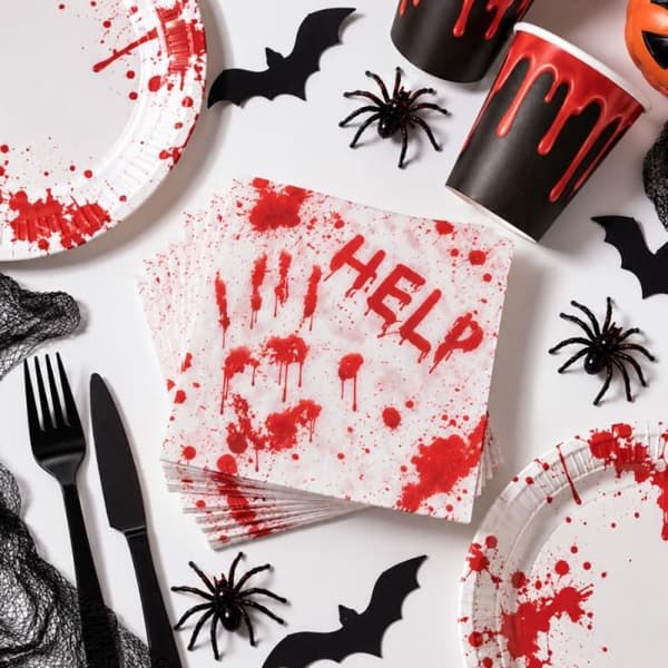 Sæt med 60 Papirservietter 19 cm Halloween – Rød og Hvid Serviet HELP, Engangsservice til Fest, Halloween Aften