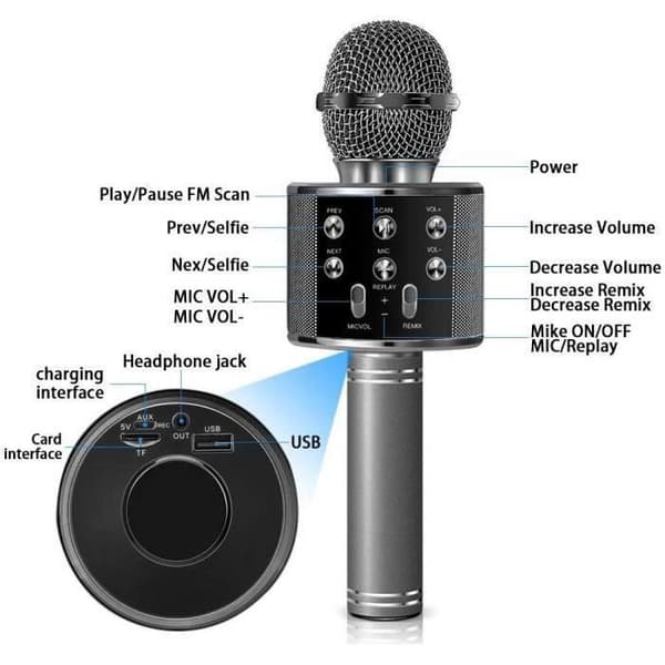 Trådløs Bluetooth Karaoke Mikrofon - Sort og grå - Elektrisk - Indendørs - Unisex svart och grått