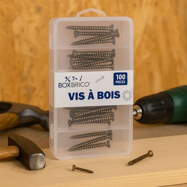 Vis à Bois - BOXBRICO - Förpackning med 100 - 5 Storlekar - Solid Stål - Fällande Huvud