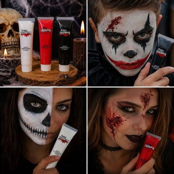 3 kpl Halloween-voidemeikkisetti 22 g – Punainen, Valkoinen ja Musta, Helppo Levittää ja Poistaa Vedellä