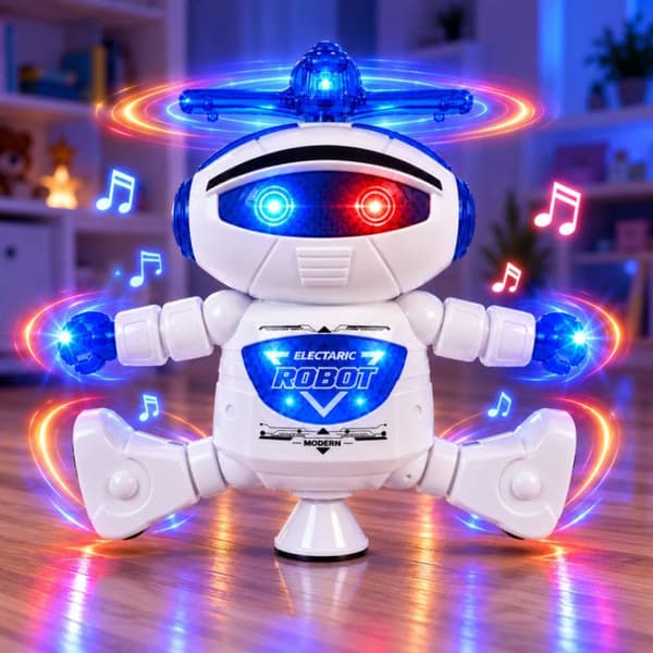 Robot Danser Lyd og Lys 20 cm – Musik, Rotationspropeller, Arme og Ben 360° Blå och vit