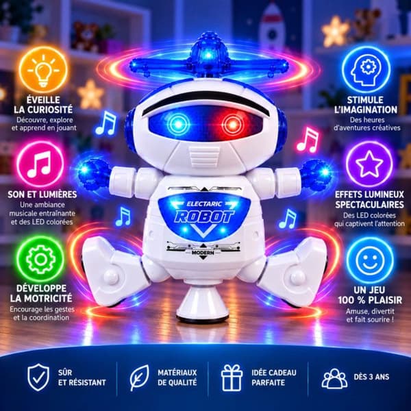 Robot Danser Lyd og Lys 20 cm – Musik, Rotationspropeller, Arme og Ben 360° Blå och vit