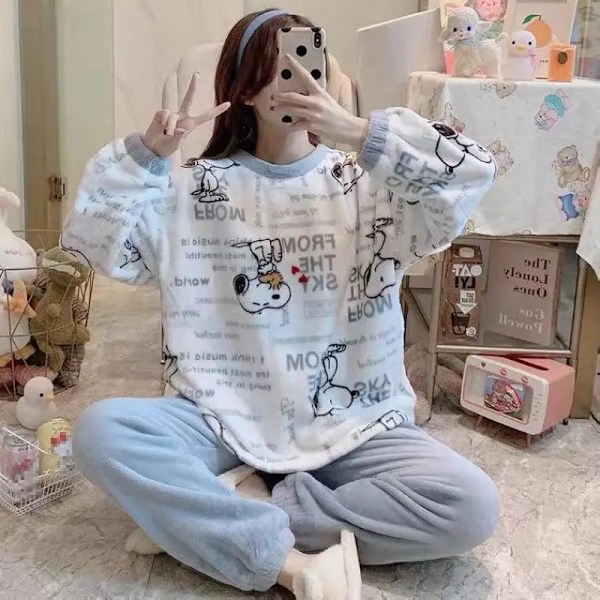 Minio Snoopy - Dam grov ull pyjamas, flickors fritidskläder, 2-delad presentset Snoopy XL 60-67 kg