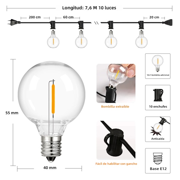 G40 utomhusblomsterkrans, vattentät LED-lampa i plast, dekorativ ljusslinga för innergården 7.6-meter 10 lamp American plug