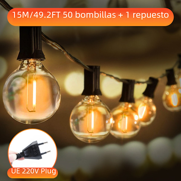 Utomhus LED-repbelysning G40 15M 50 st IP65 Plastglödlampa Balkongkrans Bröllop och julfestdekoration Fe-ljus 15M 50 bulbs No,