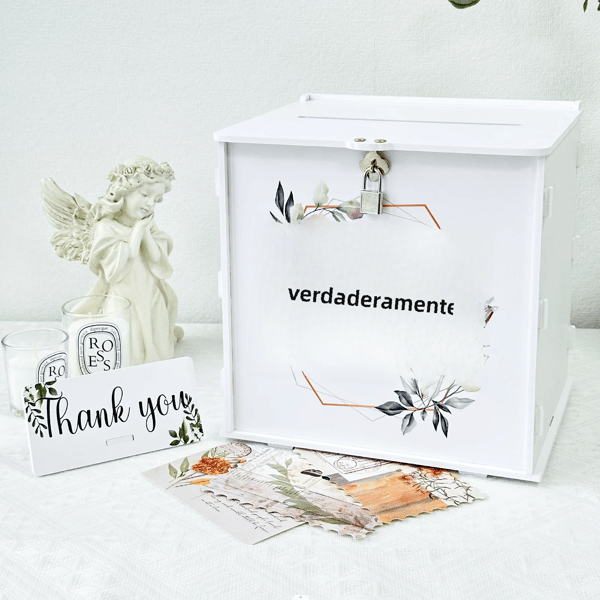 Vit bröllopskortlåda med lås, PVC-presentkortlåda för bröllopsfest, eukalyptus DIY-bröllopskortlåda milky white rice