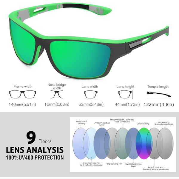 Polariserade solglasögon för män, körning, cykling, fiske, 100 % UV-skydd. Green Mirror No,