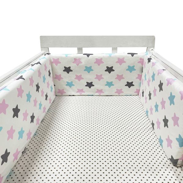 Nordic Star spjälsäng, tjock stötfångare, blixtlåsförsedd design, endelssäng, skyddspad för spjälsäng, 200x30 cm kudde Pink Blue Grey Star No,