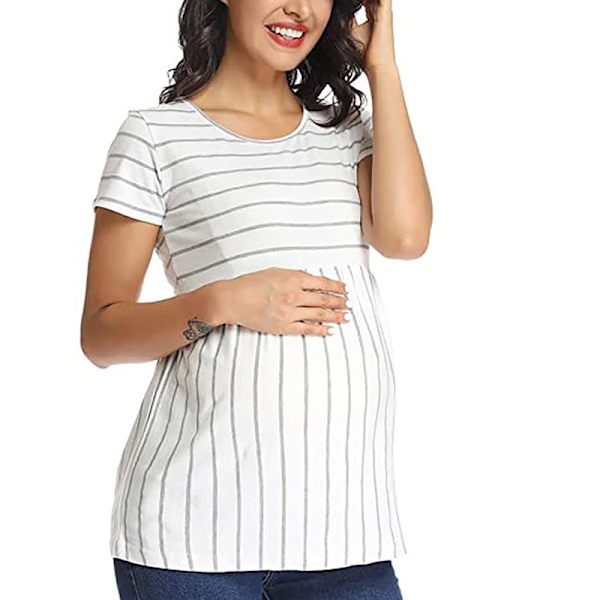 Rundhalsad randig kortärmad gravid T-shirt white L