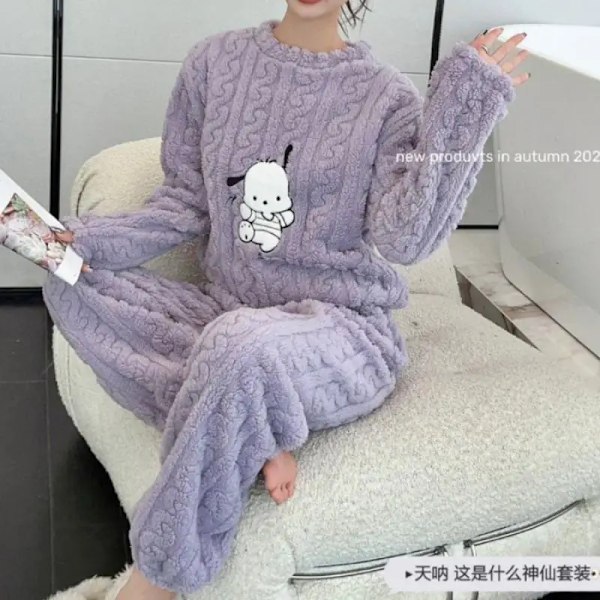 Kawaii Sanrio Pochacco animerade plyschpyjamas, söta lösa sportkläder, vintertecknade figurer, tjockt och sött heminredningsset, flickgåvor E Average size