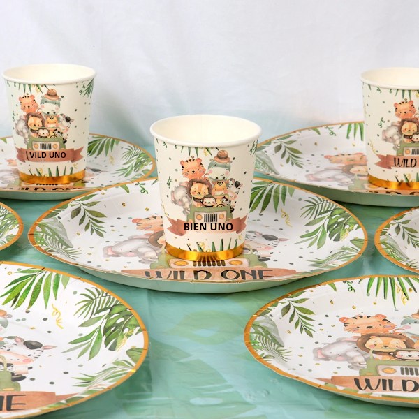 Barnens engångsbruk Jungle Animal Tableware, 1:a födelsedagsfestdekoration, Djungeltema, Wild No.1, Jakt olive No,