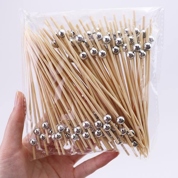 Matbambupinnar, engångs vita pärlstänger för desserter, cocktails, buffé, papperscupcakes, tandpetare spett, 100 stycken silver No,