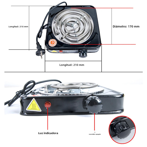 Hushållselspis, bärbar enkel skiva mikrobrännare, varm platta, myggspiral, 1000W, hög effekt, 200-1000 ℃ black No,