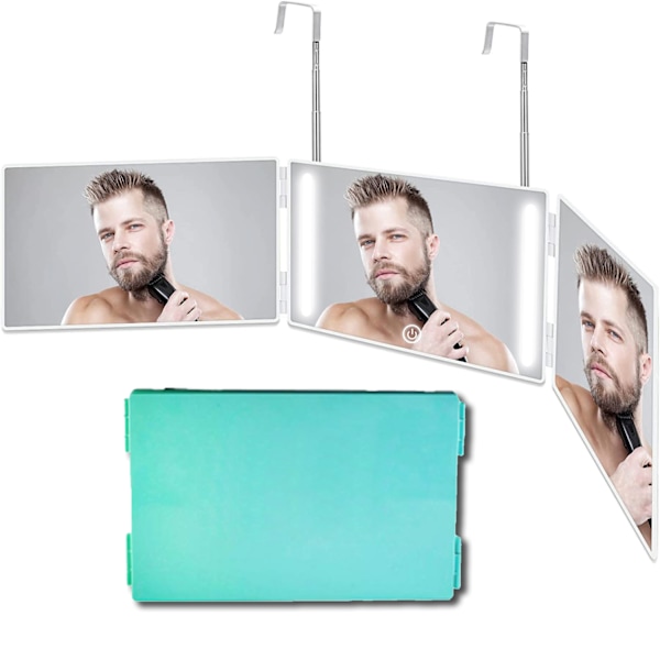 Automatisk hårklippningsspegel med tre speglar, 360 grader, LED-belysning, tre-i-ett, laddningsbar, justerbar höjd Light green No,