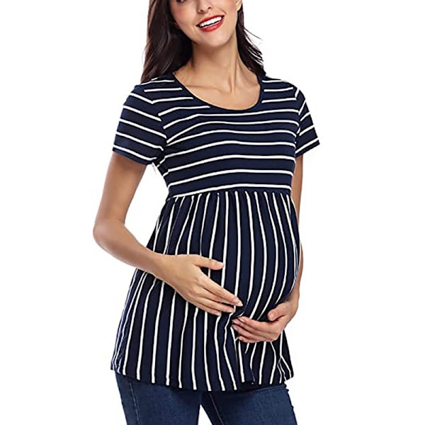 Rundhalsad randig kortärmad gravid T-shirt blue yes