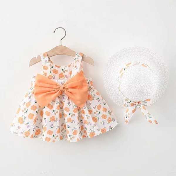 Klänning T-shirt Baby Girl Sommar Tryckt Rosett 1024 Orange 100/12