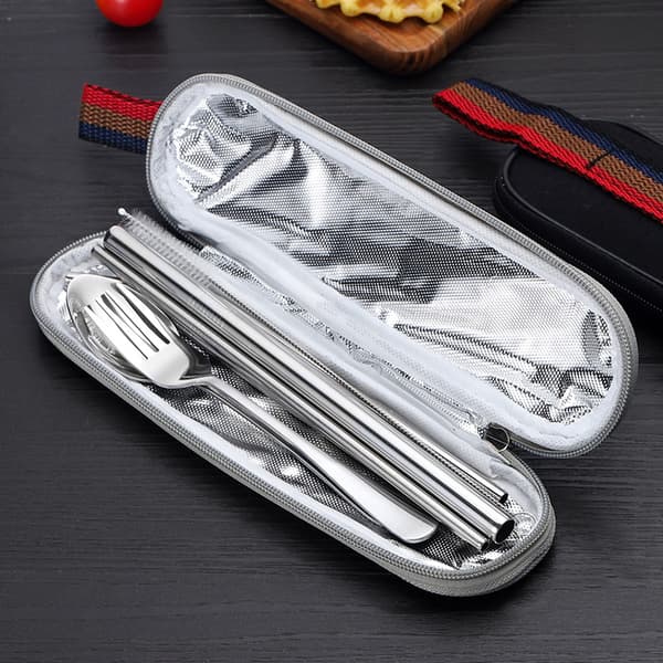 Portabel bestickset i rostfritt stål, 8 delar, campingutrustning med sked, gaffel, ätpinnar, solid låda silver No,