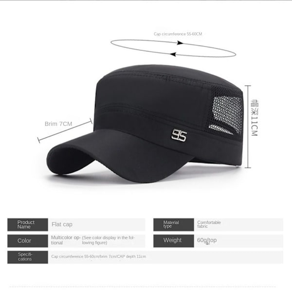 Fritids justerbar snabbtorkande basebollkeps, militärkeps, studentkeps, solhatt black No,