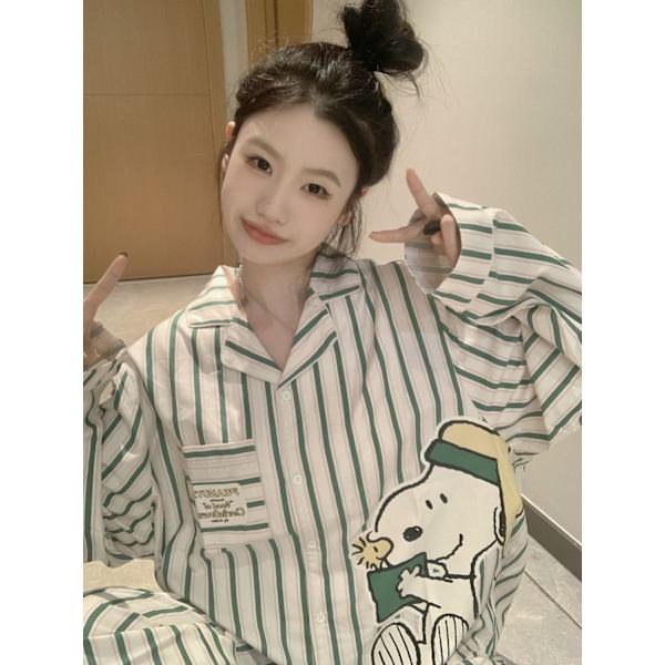 Minio - Snoopy Kawaii Pyjamas för kvinnor, randigt set för par, avslappnade kläder för hemmet Snoopy 55-62.5 kilograms