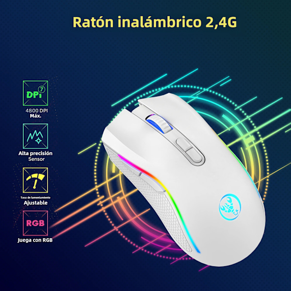 HxSJ-T69 2.4G trådlös mekanisk mus, RGB-spelmus med ergonomisk design, 7 programmerbara knappar, 4800 dpi, lämplig för kontor och spelare white No,
