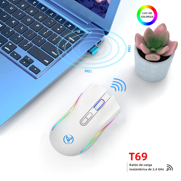 HxSJ-T69 2.4G trådlös mekanisk mus, RGB-spelmus med ergonomisk design, 7 programmerbara knappar, 4800 dpi, lämplig för kontor och spelare white No,