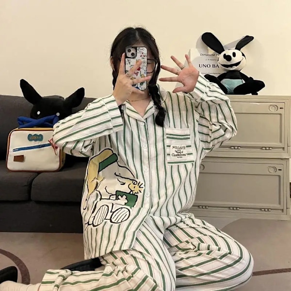 Minio - Snoopy Kawaii Pyjamas för kvinnor, randigt set för par, avslappnade kläder för hemmet Snoopy 48-55 kilograms