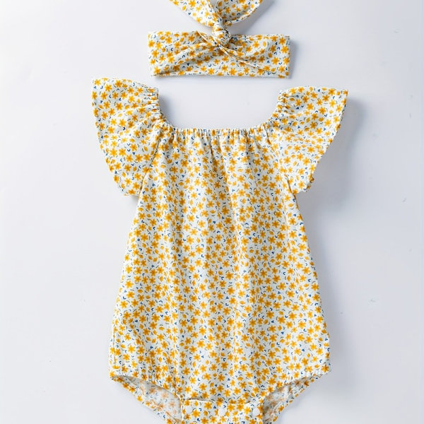 Nyfödd baby overall med blommigt tryck och pannbandsärmar, tillverkad av bomull för sommarkläder för både pojkar och flickor ginger 73