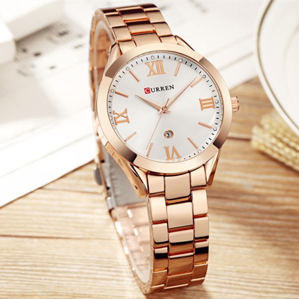 Curren Gyllene damklocka, damklocka, stål armband, timer, damklocka, 9007 Rose Box No,