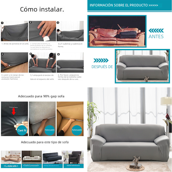Soffaöverdrag i enfärgad elastisk hörnsoffa i 2 delar Grey Blue No,