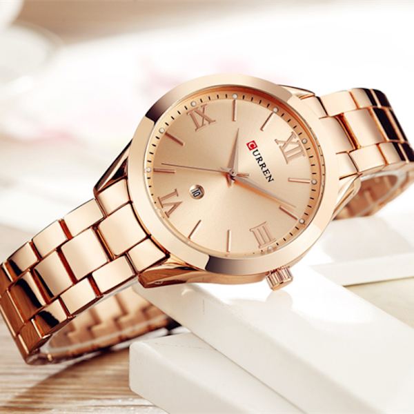 Curren Gyllene damklocka, damklocka, stål armband, timer, damklocka, 9007 Rose Box No,