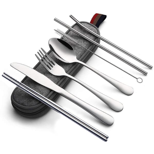 Portabel bestickset i rostfritt stål, 8 delar, campingutrustning med sked, gaffel, ätpinnar, solid låda silver No,