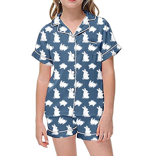 Barnens pyjamas set med kanintryck, kortärmad T-shirt och shorts, 2 pyjamas E-Blue 6-7 years